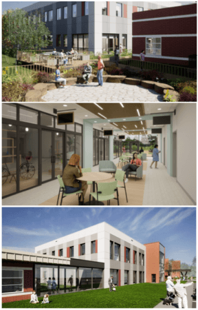 Boundary Trails Health Centre renderings of interior and exterior