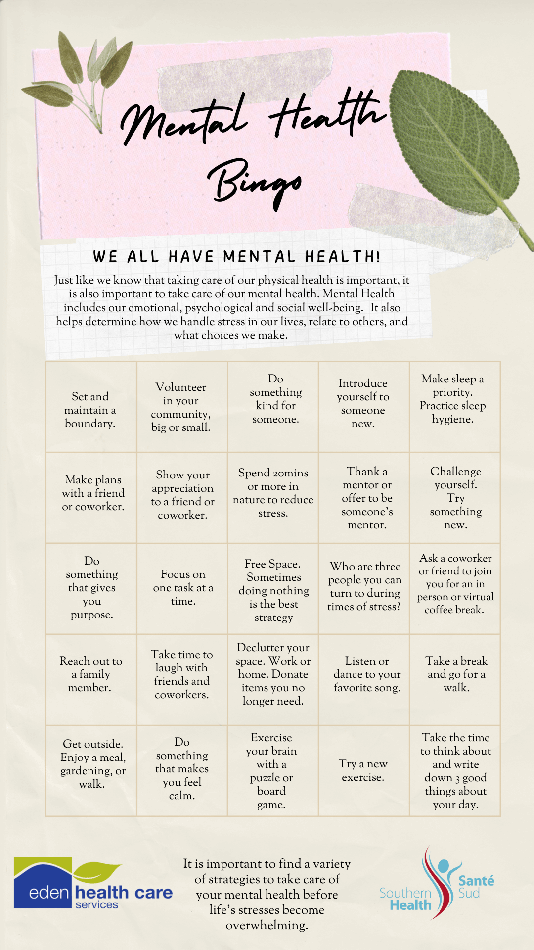 mental health bingo card