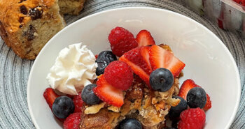 banana bread with fruit in a bowl