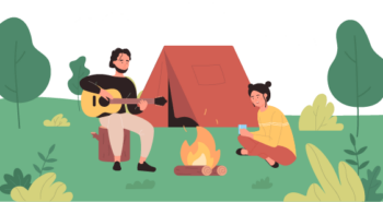 camping with tent and campfire