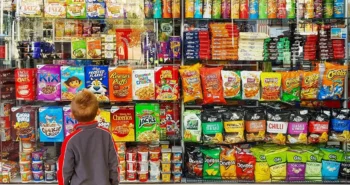 child looking at unhealthy foods on market shelves